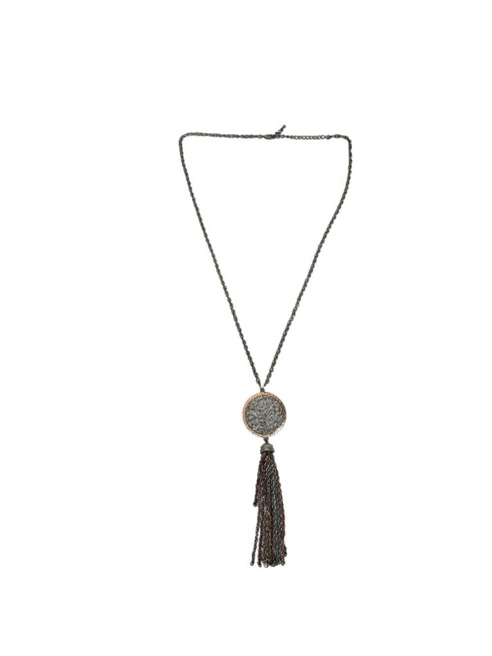 Two Tone Filigree Medallion Tassel Necklace Silver Rose Gold Long Pendant Chain